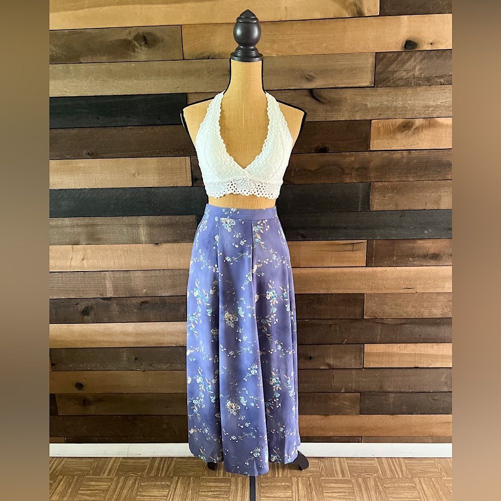 90s Vintage KORET Purple Cottagecore Painted Flowers Elastic Waist Maxi Skirt - Picture 1 of 8